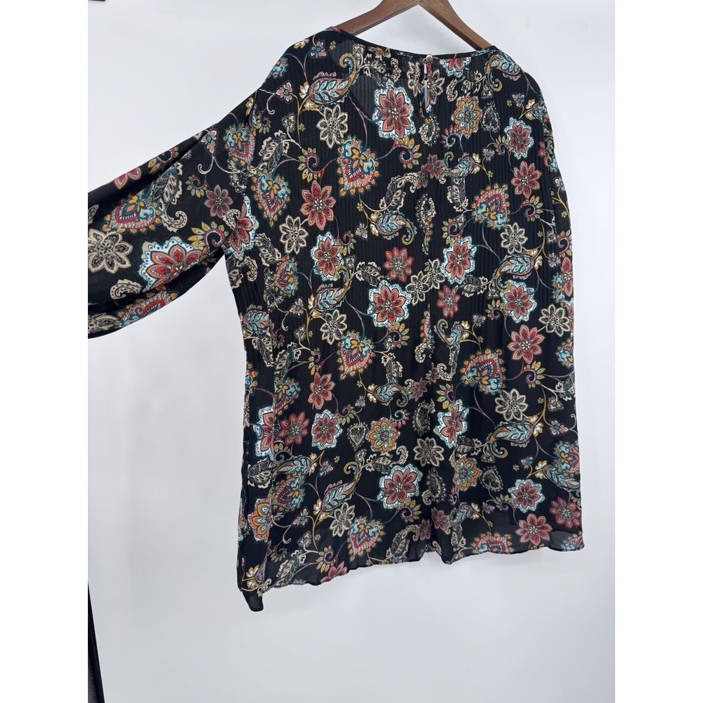 Cato Black Floral crinkle blouse peasant sleeve fall semi-sheer floral paisley - Picture 4 of 10